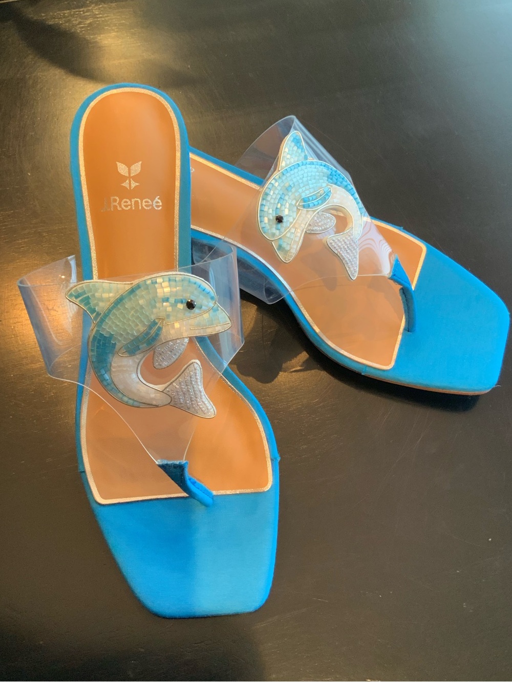 J. Reneé NEW WITHOUT BOX Thong Sandal Women 9 Blue Beaded Dolphin Clear Orb Heel